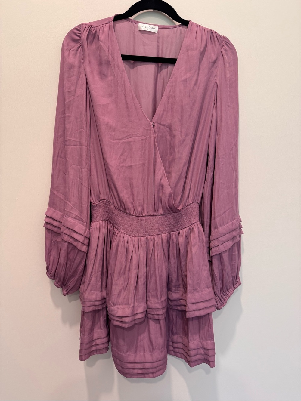 Vestique Dusty Rose Long Sleeve V-Neck Smocked Waist Mini Dress